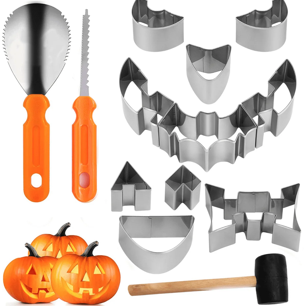 15 Pieces Halloween Pumpkin Carving Kit + Hammer, Professional Stainless Steel Carving Punchers Tools Set, Pumpkin Cutting Sculpting Tool for Halloween Decoration Jack-O-Lanterns - Image 9