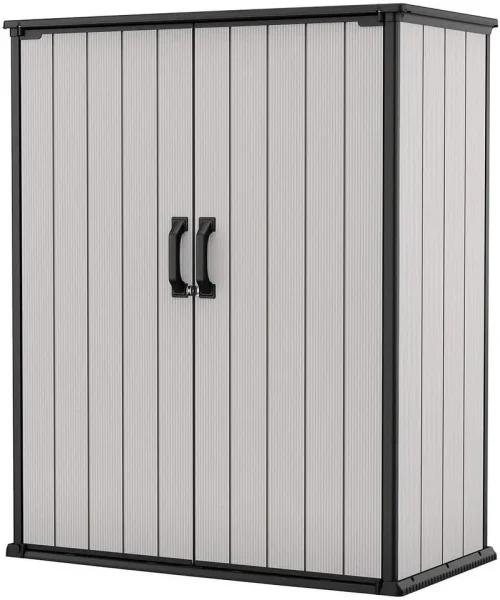 Keter Premier Vertical Outdoor Storage Shed With Floor, Lockable Double Doors, Grey